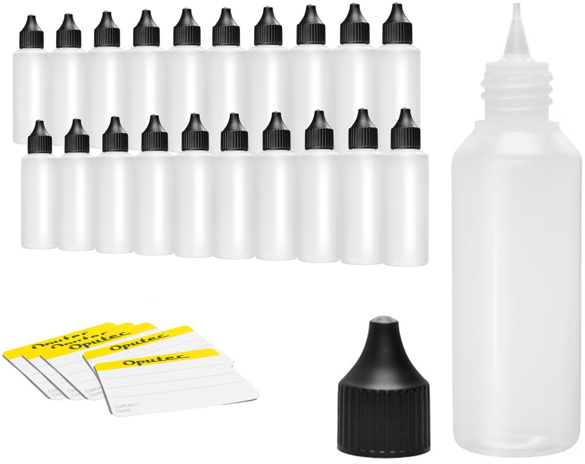 Oputec 20x 50 ml druppelflessen – PE doseerflessen – levensmiddelveilig + etiketten