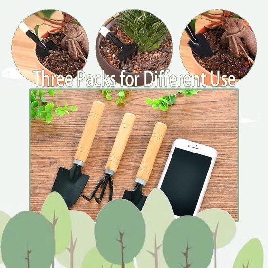 Mini plant tuingereedschap 3 stuks met houten handvat van Merkloos	 — afbeelding 4