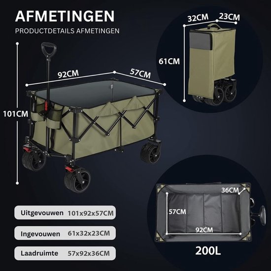 DailySupplies® Bolderkar Opvouwbaar Luchtbanden - Strandwagen - Bolderwagen - Groen van DailySupplies — afbeelding 5