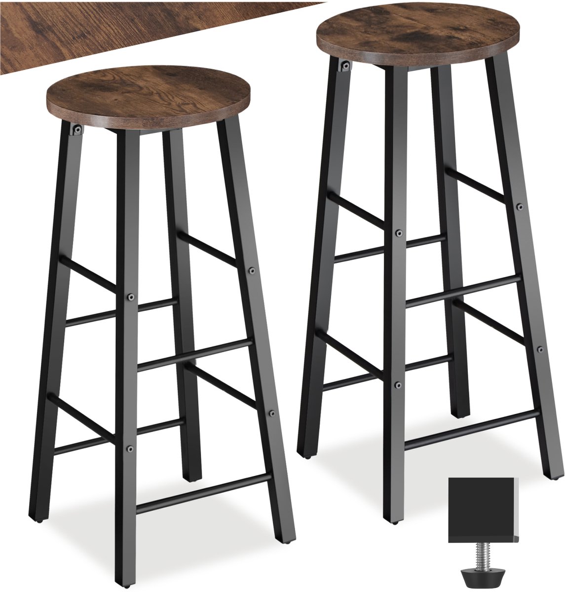 tectake® Barkruk - Ronde Bistrokruk - Set van 2 - Barkrukken - Vintage Barstoel met Voetsteun - Zitting van MDF-hout - Industrieel design - Eetkamerstoelen - Barstoelen - Draagkracht kruk 120 kg - Afmeting (LxBxH) 31 x 31 x 72,5 cm - Donkerbruin