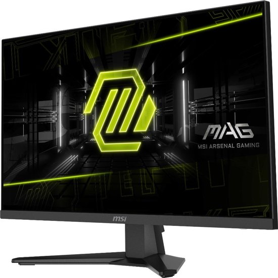 Zwarte MSI gaming monitor met groen MAG-logo, schuin van voren gezien.