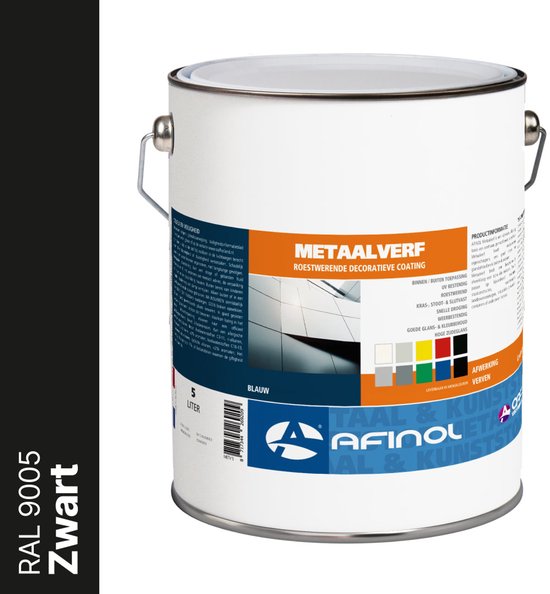 Blik metaalverf, 5 liter, RAL 9005 Zwart. Bevat dekleurenkaart met wit, grijs, rood, geel, blauw en zwart.