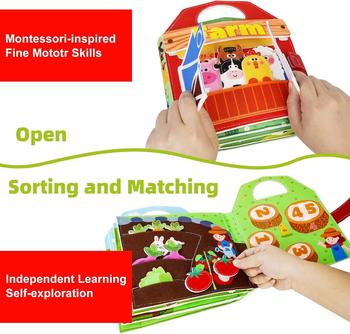 Busy Board Boek - Montessori Speelgoed 1-3 jaar - Activiteitenboek Boerderij - Sensorisch Speelgoed 2 jaar Jongens en Meisjes - Peuterspeelgoed voor Onderweg — afbeelding 3