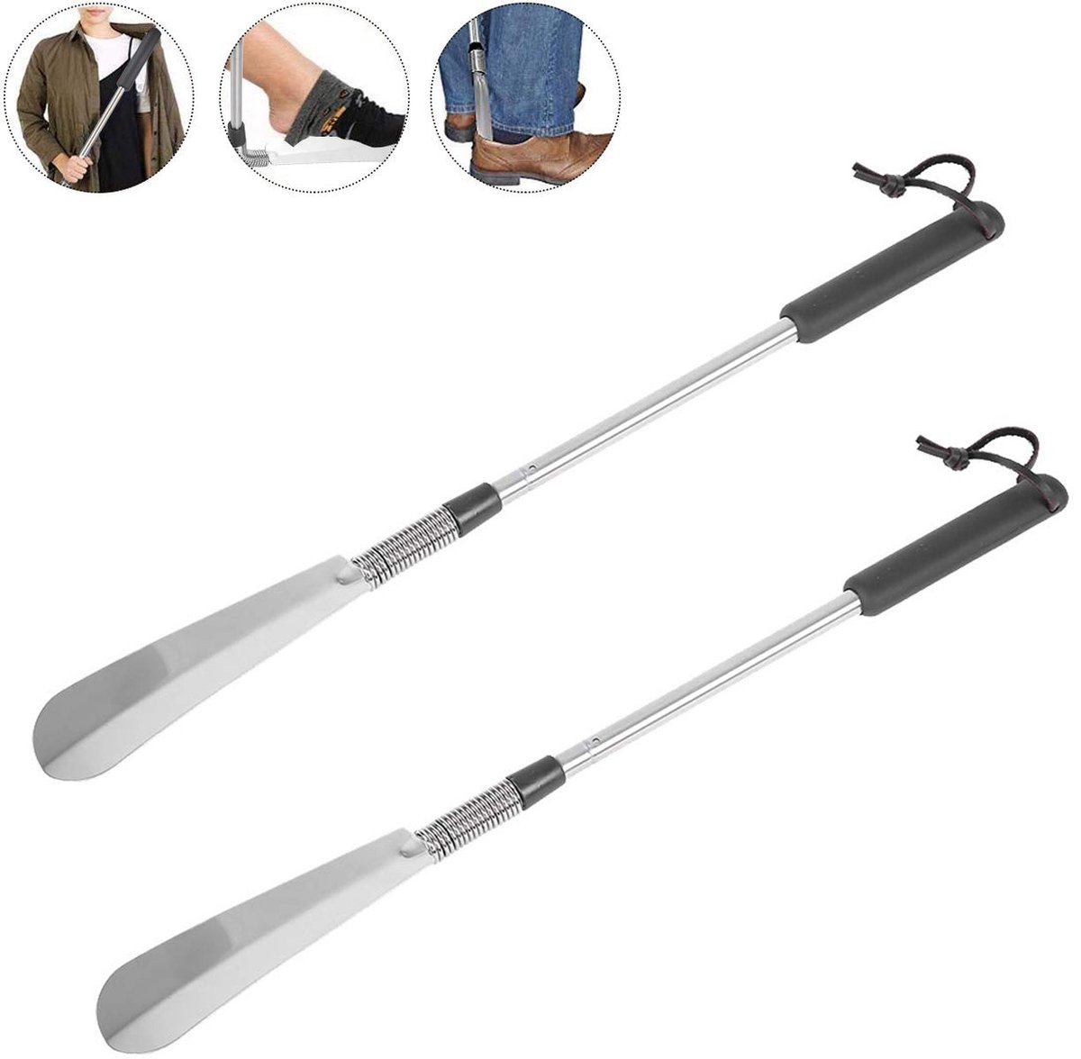 2-stuks Intrekbare schoenlepel met lange steel - Schoenlepel van roestvrij staal - Unisex - Metalen reisschoenlepel - Hulpmiddel bij het aantrekken van schoenen - Intrekbaar - Geschikt voor thuis, kantoor, sportschool, reizen - Zilver