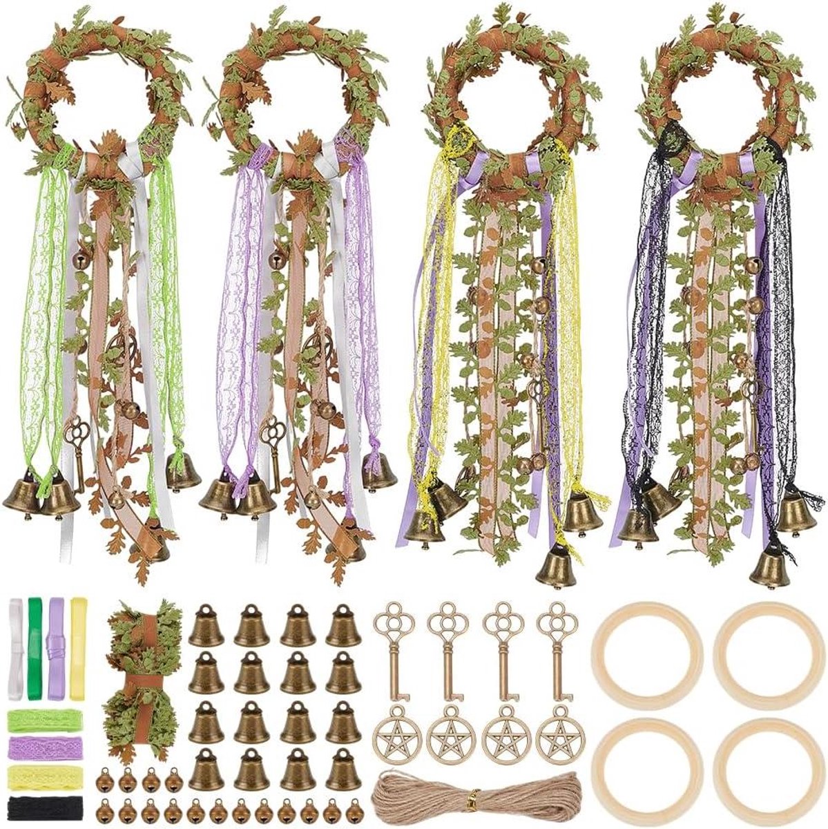 DIY Witch Bells Kit - Set van 4 - Deurklink Decoratie met Lace en Koord - Positieve Wiccan Wind Chimes - Heks Decoratie Kit
