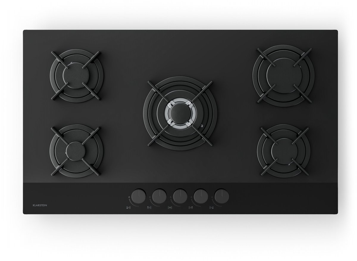 Klarstein Velaire gasfornuis, 90 cm, 5-pits glazen kookplaat, 10400 W, geschikt voor LPG en aardgas, elektrische ontsteking, vlambeveiliging, keukenaccessoire