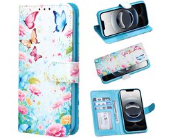 Casemania Hoesje Geschikt voor Samsung Galaxy A55 - Kleurrijk Vlinders en Bloemen Print - Portemonnee Bookcase met Pasjeshouder en Standaardfunctie - Wallet case met Ingebouwde Kaarthouders