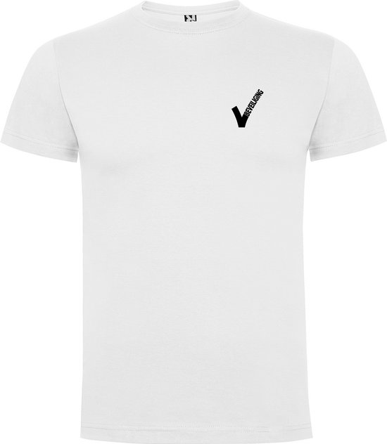 Wit T-shirt met een zwart 'V'-logo en 'BEVEILIGING' op de linkerborst.