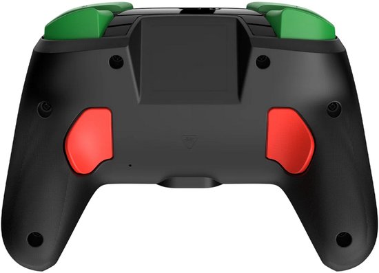 Achterkant van de zwarte controller met Donkey Kong-thema, met groene en rode triggers.