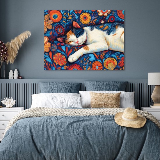 Poster 120x90 cm - Kat - Bloemenpatroon - Blauw - Oranje - Posters - Kamer decoratie - Wanddecoratie woonkamer - Muurdecoratie slaapkamer