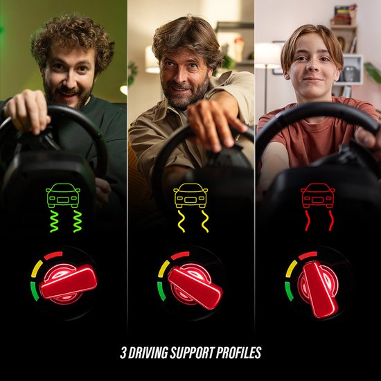 Drie mannen tonen rij-ondersteuningsprofielen: groen, geel en rood met auto-iconen en draaiknoppen. Tekst: 3 DRIVING SUPPORT PROFILES.