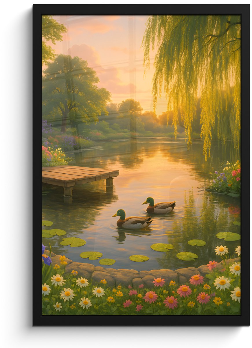 FrameYourWall Poster in lijst - Fotolijst 40x60 cm - Posters - Eenden - Vijver - Bloemen - Posterlijst zwart - Decoratie - Wanddecoratie woonkamer - Muurdecoratie slaapkamer