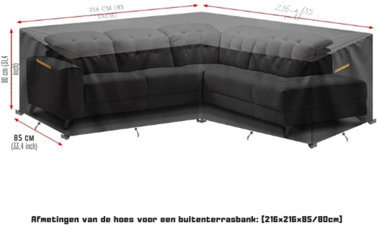 Thuys Hoes Voor Tuinmeubelen L – Vorm – Waterdichte Beschermhoes – Afdekhoes Met Ventilatieopeningen – 216 x 216 x 85/80 cm Zwart