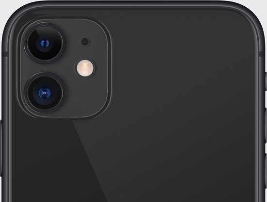 Zwarte iPhone 11 met dubbele camera aan de achterkant.