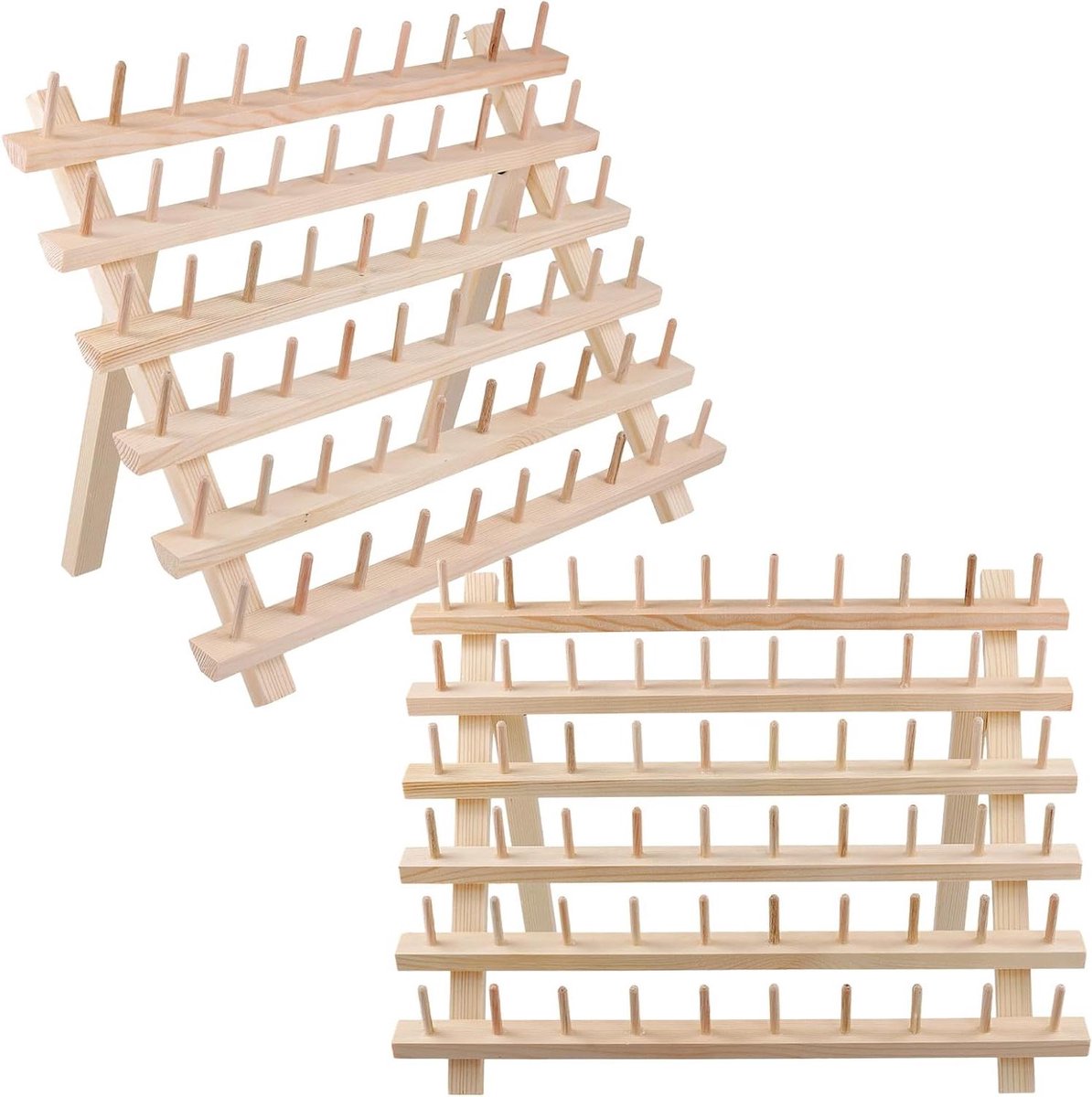 Allecto plus - Set van 2 draadhouders met 60 spoelen voor borduurdraad - Opvouwbare houten organizer met hangende haken - Haarrek voor vlechten - Draad opbergrek voor naaien, haarvlechten en quilten