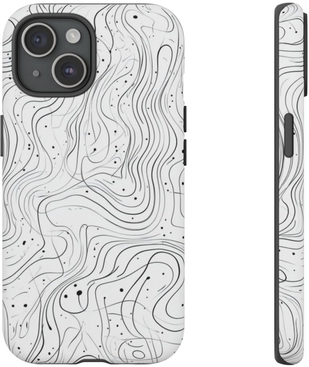 Abstract Zwart-Wit Golvend Lijnenpatroon – Telefoonhoesje Geschikt voor iPhone 15