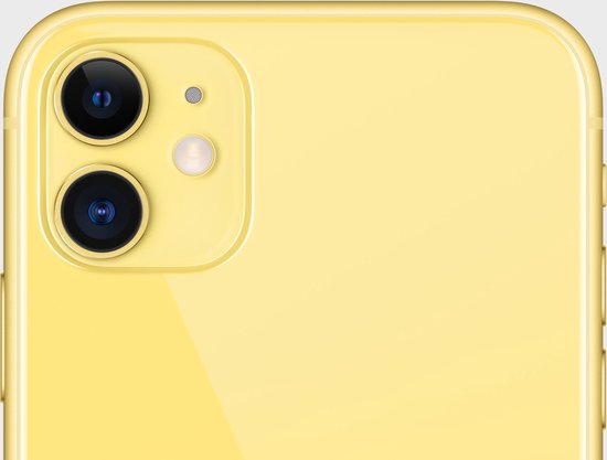Close-up van de gele iPhone 11 achterkant met dubbele camera.