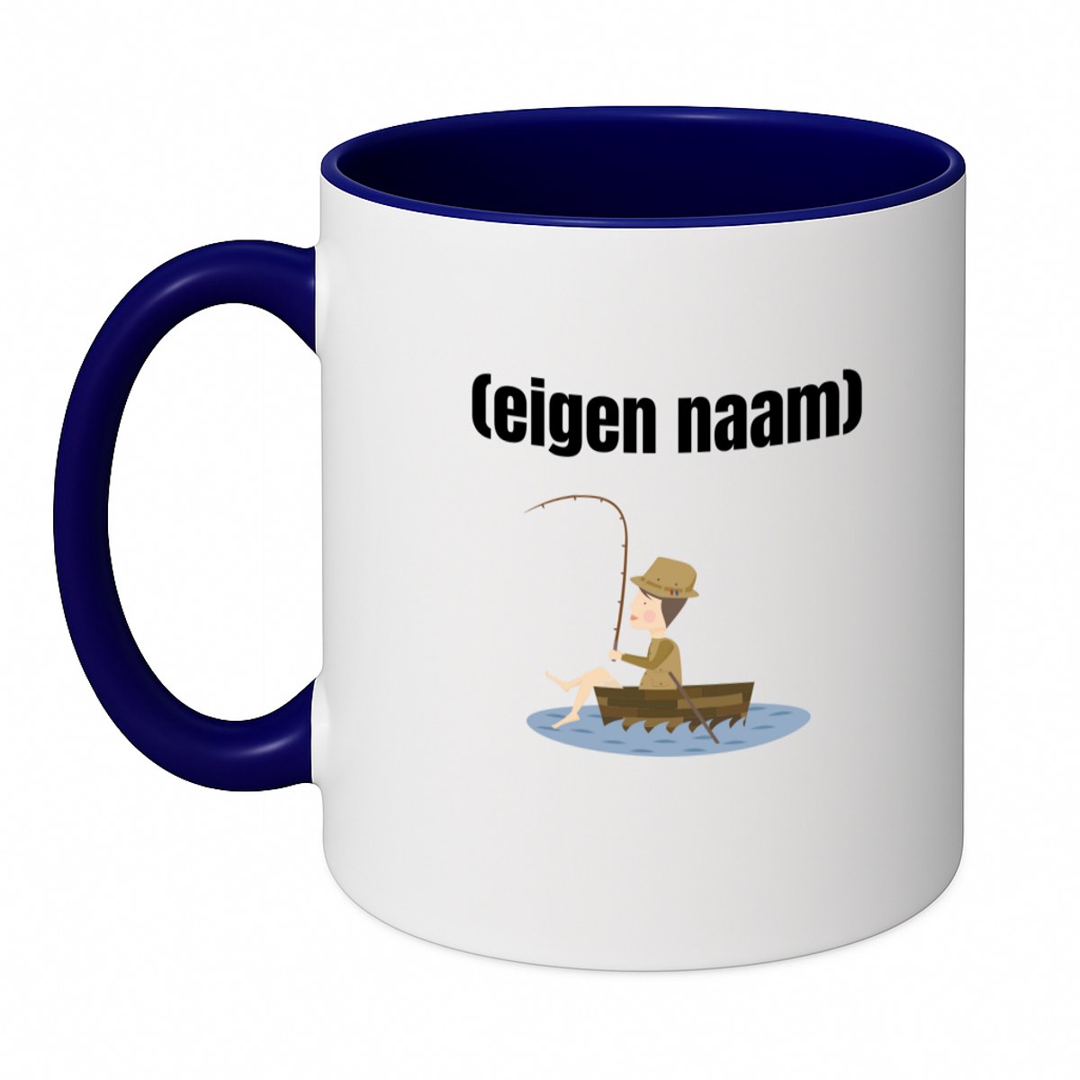 Hacebo® - visser in een bootje met eigen naam koffiebeker donker blauw - Vissen - liefhebber van vissen - thee mok - koffie beker - iemand die houdt van vissen - verjaardag - cadeau - kado - geschenk - koffiemok - 350 ML inhoud