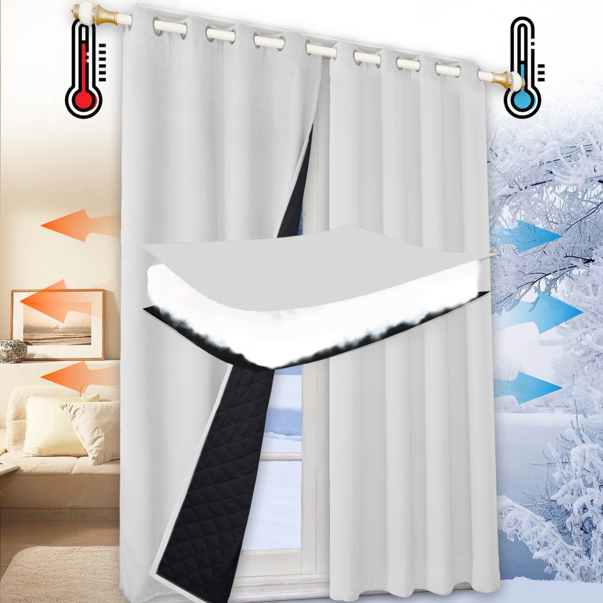Qelus 100% Opaque Warmte-Koud Isolerend Gordijn met Ringen - Blokkeert Geluid - 1 stuk Verduisteringsgordijnen voor Woonkamer & Slaapkamer - 132x213cm - Voor Winter & Zomer - Gratis Bindband - Wit