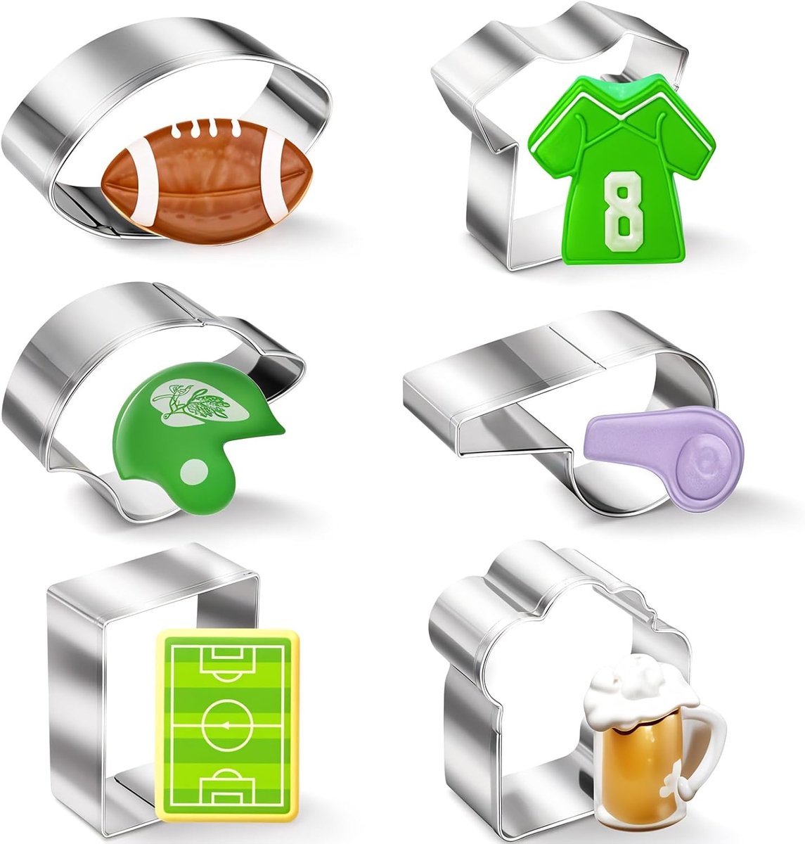 Nieuwe Voetbal Koekjesuitsteker - 6 Stuks - T-Shirt - Fluit - Rugby Cap - Rugby - Veld - Bier Fondant Koekjesvormpjes - RVS Koekjesuitstekers