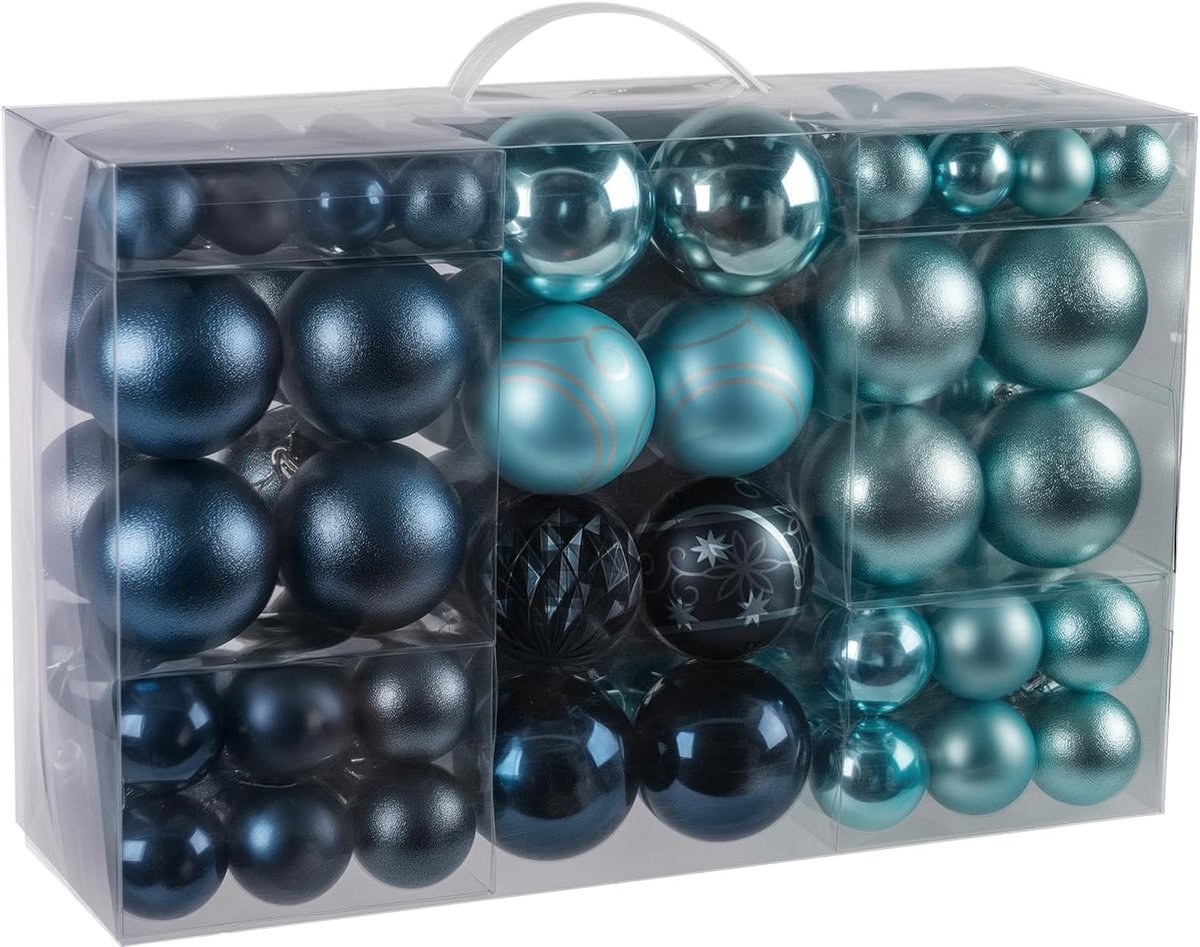 Kerstballen blauwe set - 100 stuks onbreekbare plastic kerstballen - glitterdecoratie voor kerstmis - traditionele kerstboom ornament set - hangende ballen – foto 7