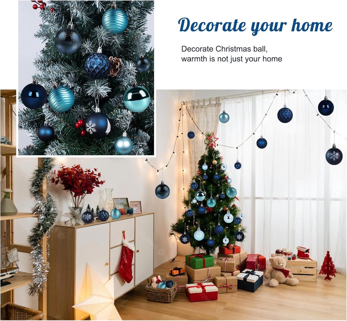 Kerstballen blauwe set - 100 stuks onbreekbare plastic kerstballen - glitterdecoratie voor kerstmis - traditionele kerstboom ornament set - hangende ballen – foto 5