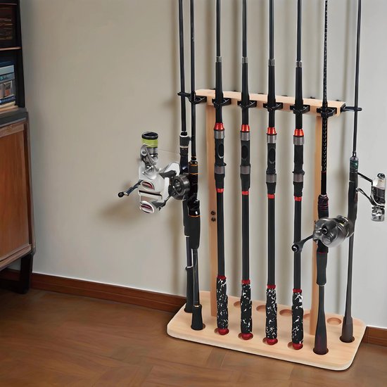 Support de canne à pêche en bois CHIWIN - Support de canne à Pêche autoportant 14 pièces - Support de canne à Pêche sur pied - Support de rangement pour matériel de pêche pour abri de Garage sans Embouts - Massief Hout