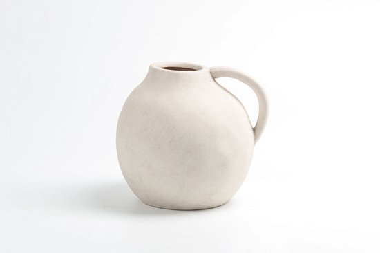Mevaz Keramische Vaas – Handgemaakte Organische Vorm – Beige Aardetint – Modern Design – Decoratieve Pot met Handvat – Ø22 cm