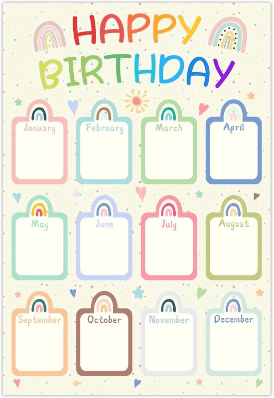 Foto: Gelukkige verjaardag klaslokaal poster boho verjaardag maand poster kleurrijk papier herbruikbare bulletin board kalender grafiek met 10 stks naadloze dubbelzijdige lijm voor wanddecoratie
