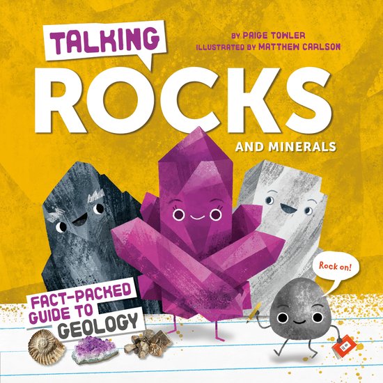Boekomslag 'Talking Rocks' met vrolijke kristalfiguren en mineralen tegen een gele achtergrond.