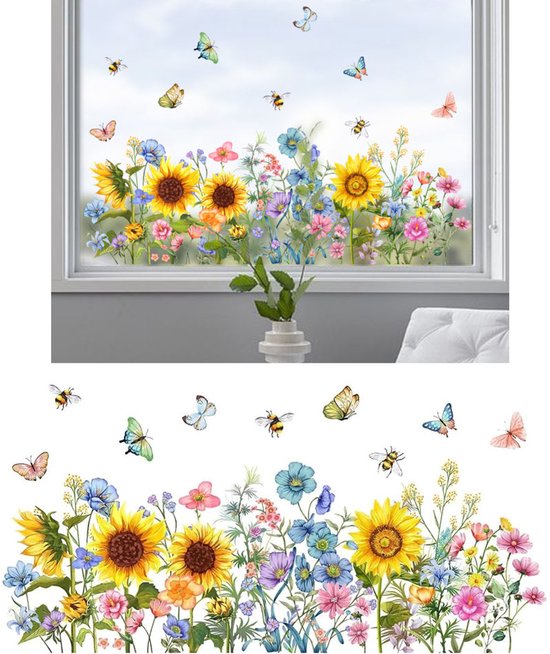 Zonnebloem Vlinder Bij Raamsticker - Kleurrijke vlinderbloem Muurstickers - Bloementuin Muurstickers - Raamdecoratie planten bloemen zomer - Bloementuin raamstickers - Wildflower Grass raamstickers - raamstickers bloemen - Zelfklevend - 30*60cm