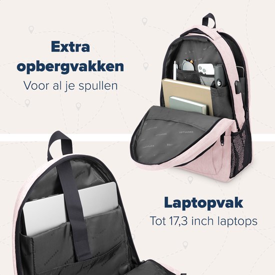 Lichtroze rugzak met zwarte accenten, met open vakken en een compartiment voor laptop.