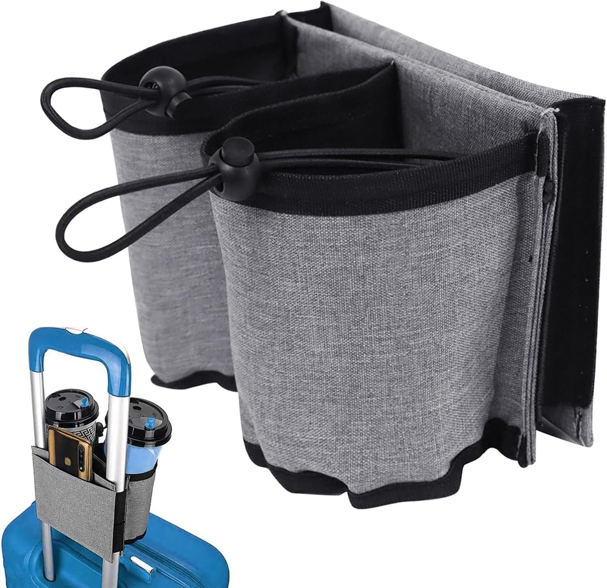 Bekerhouder - Flessenhouder - Koffer Bekerhouder - Bagage Accessoires - Koffer Flessenhouder - met 3 zakken - Handsfree drinkhouder voor drankjes, drankjes, koffiemokken - Geschikt voor op rol op koffer, handgrepen - Grijs