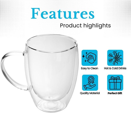 Intirilife 4x Dubbelwandig Thermo Glas Set In 300 400 Ml In Mondgeblazen Geisoleerd Voor Latte Macchiato Als Theeglas Of Koffieglas Vaatwasmachinebestendig Met Handvat 719322868
