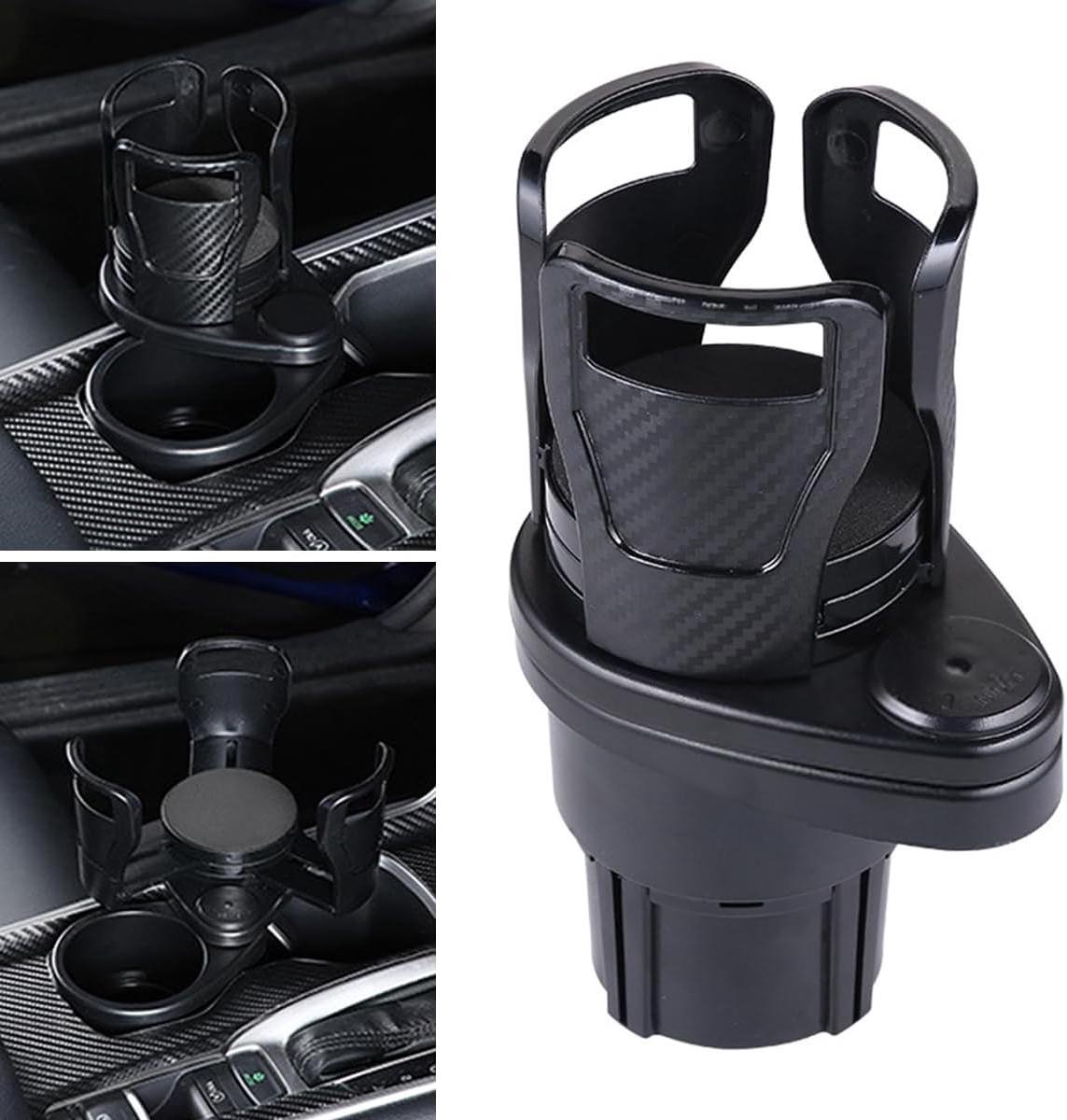 Allecto Plus - Dubbele auto bekerhouder verstelbaar 2-in-1 multi-functionele auto bekerhouder 360 graden dubbele houder verstelbare beker (Zwart Carbon Fiber)