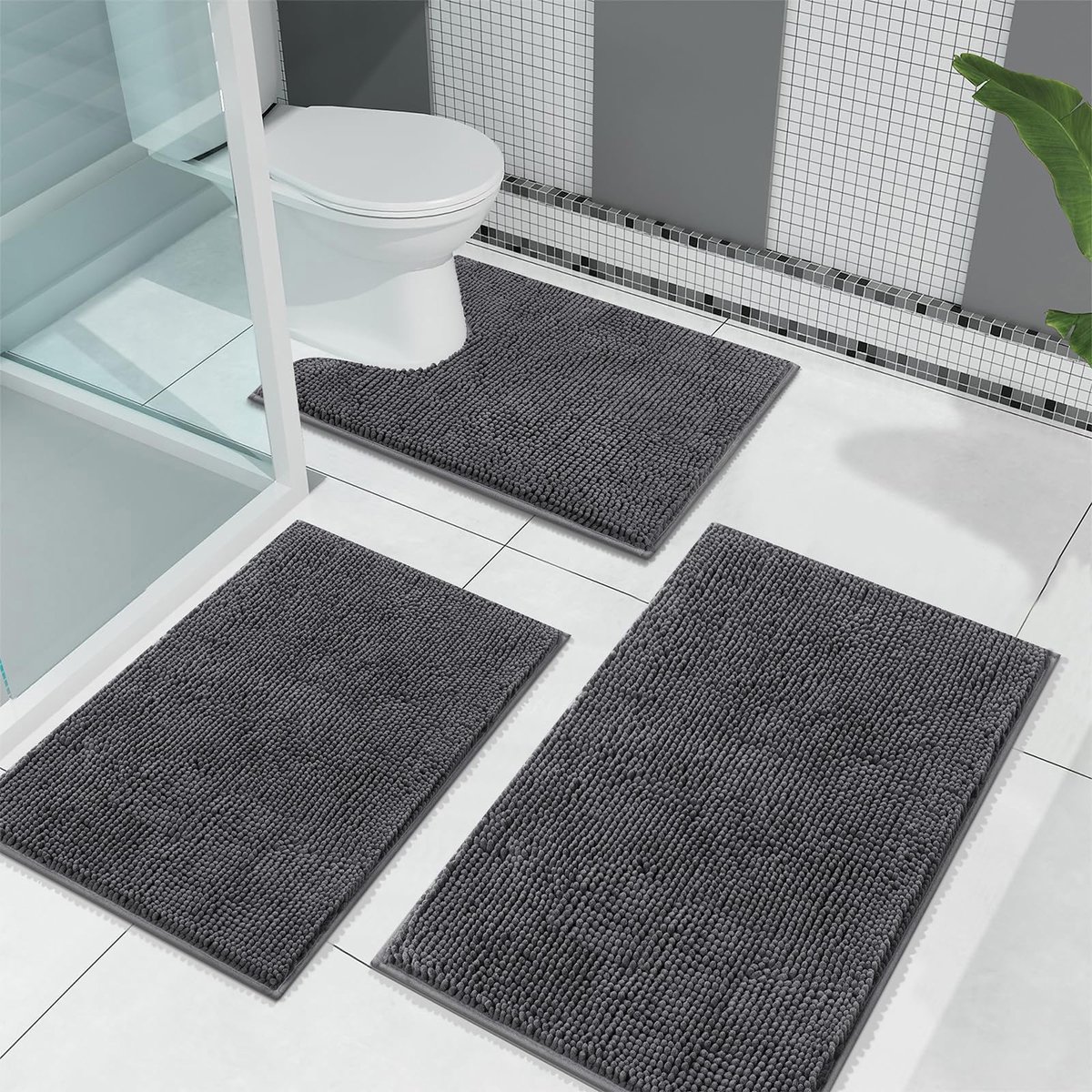Ibenzoa® Drie-delige Donkergrijze Chenille Badmat Set voor Douche en Toilet met Antislip Functie