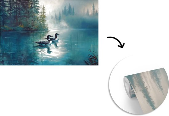 Behang - Fotobehang Bos - Water - Eenden - Mistig - Breedte 390 cm x hoogte 260 cm