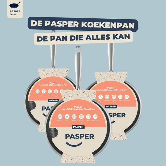 Drie zilveren Pasper roestvrijstalen pannen met informatie labels.