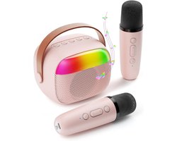 foto van Mini Karaoke Machine - Roze - met 2 draadloze microfoons - Bluetooth 5.3 - HIFI - Ultra HD - 360° stereogeluid