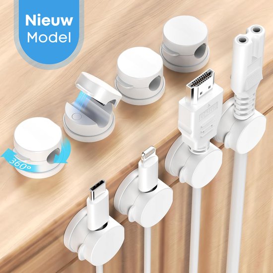 FOXLY® Support de câbles magnétique 6 pièces Rond - Wit - Clips de câbles - Organiseur de bureau - Auto-adhésif - Gestion des câbles