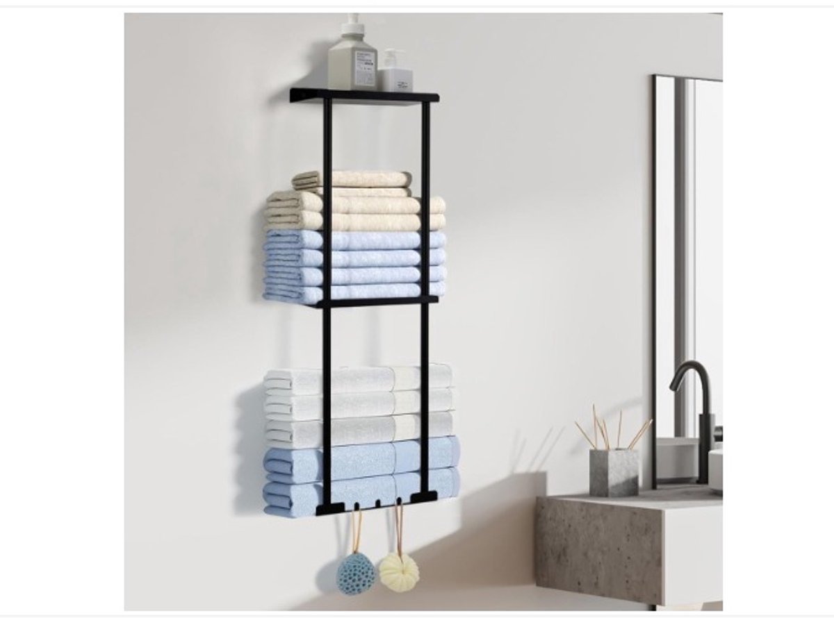 WNHB® Handdoekhouder Zelfklevend 80 cm - Zonder Boren - Metalen Wandrek met 3 Haken - Handdoekrek voor Badkamer en Douchewand - Zwart
