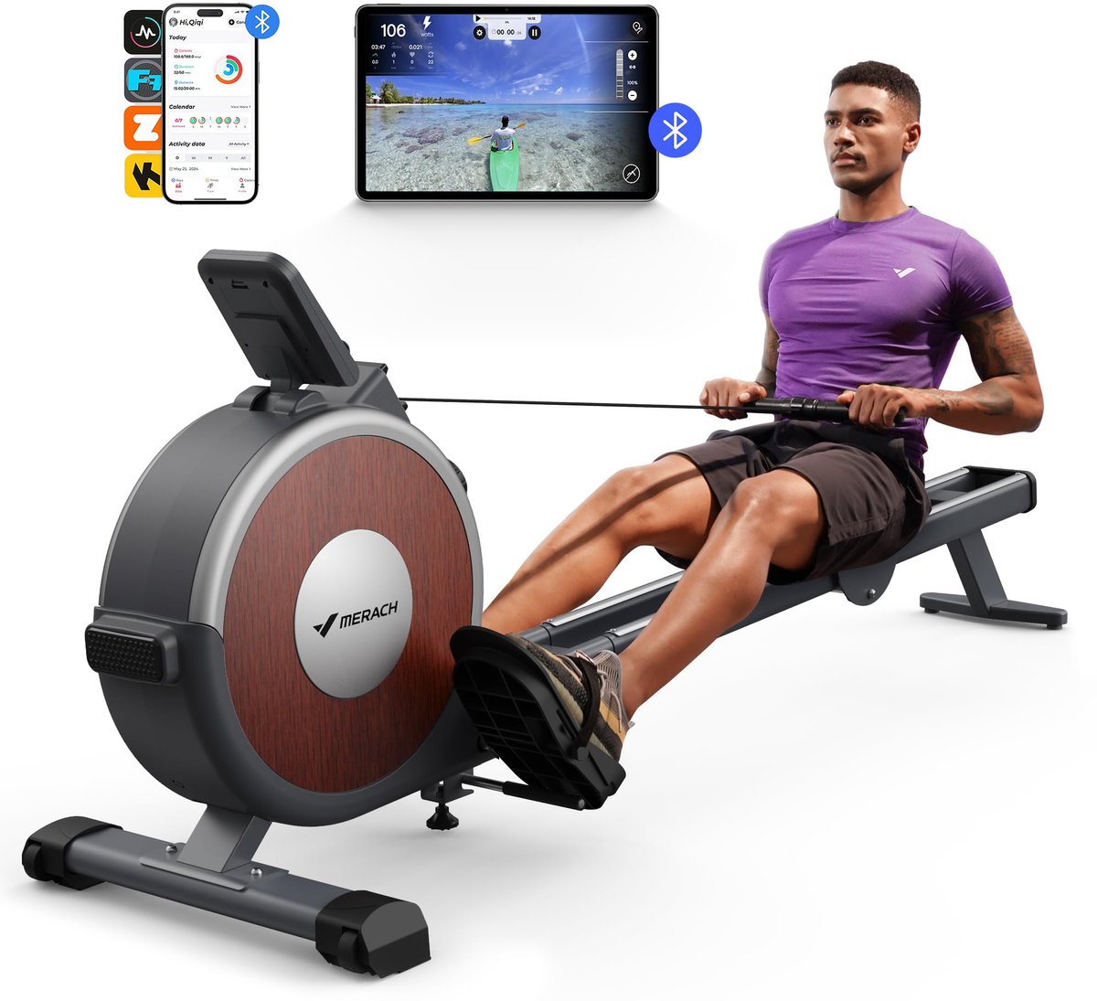 MERACH Magnetische roeimachine met bluetooth - 16 weerstandsniveaus - Stille roeitrainer voor thuis met exclusieve app - LCD-gegevensweergave - Eenvoudige montage - Geüpgradede dubbele glijrails - verticaal opbergen - MERACH - €199,99