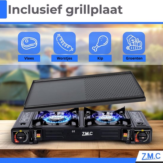 ZMC Campinggasfornuis 2-pits 2,5 kW incl. adapter voor LPG-aansluiting + opbergkoffer Campingfornuis set met gaspatronen en grillplaat naar keuze, met piëzo-ontsteking, voor buiten en binnen - Gasfornuis met 4 gaspatronen van Z.M.C — afbeelding 2