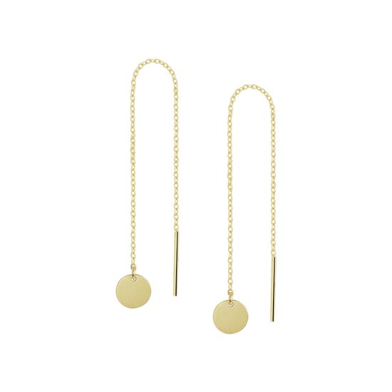 Boucles d'oreilles traversantes dorées avec un cercle et une tige à l'extrémité.