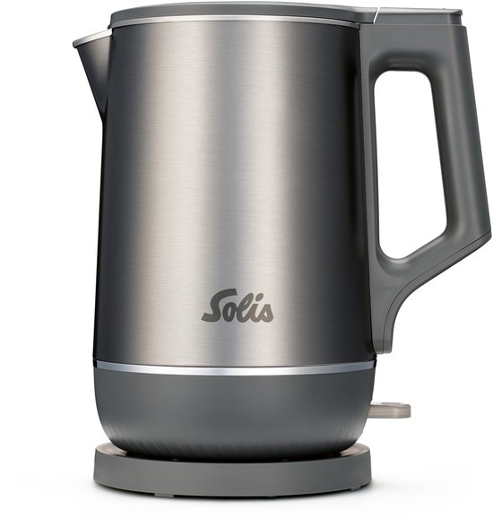 RVS waterkoker van Solis met grijs handvat en voetstuk, op een witte achtergrond.