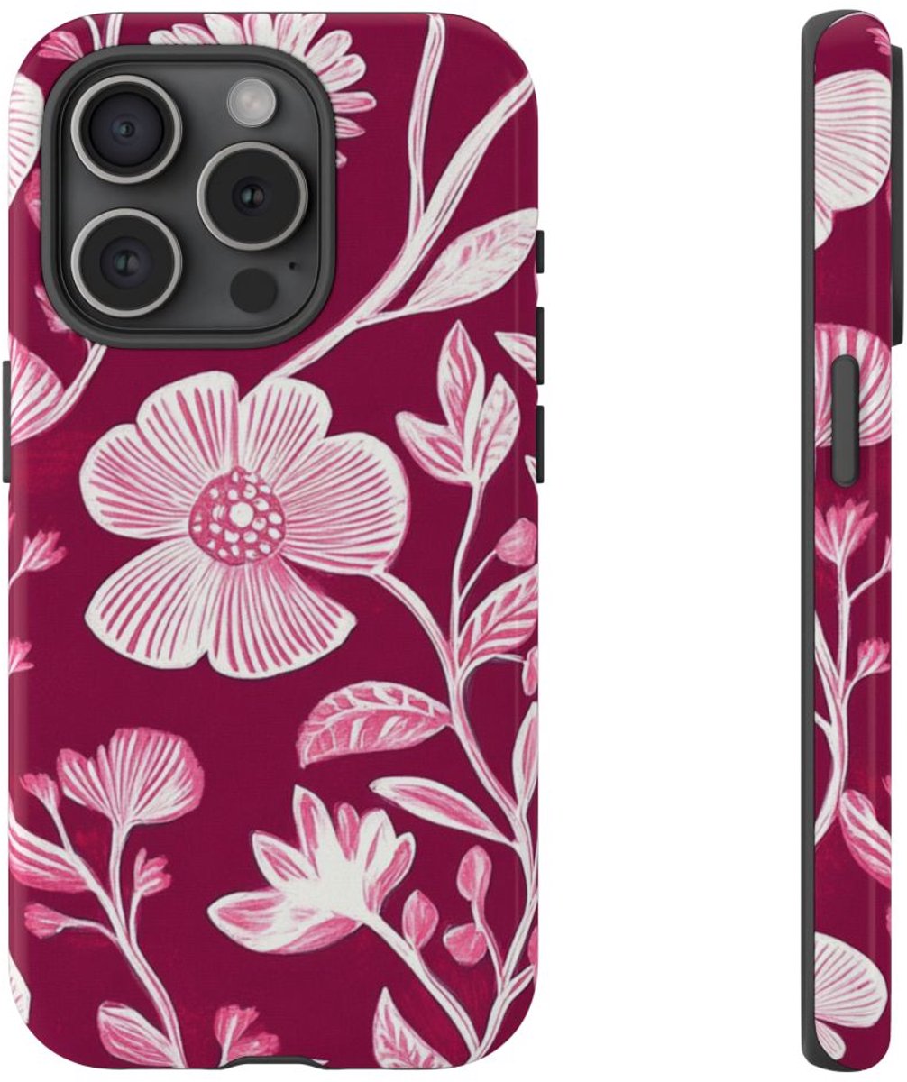 Roze en Witte Bloemenprint – Telefoonhoesje Geschikt voor iPhone 15 Pro