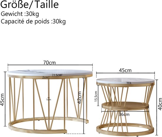 2 tables basses rondes, 70x45cm, 45x45cm, table avec plateau blanc et support de pied noir, table basse ronde intégrée dans le côté du canapé (plateau blanc + pied doré)