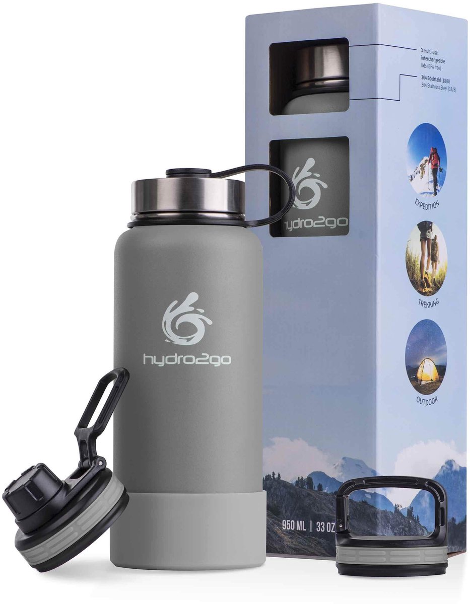 hydro2go® X-AlpsBottle – RVS thermofles 1 liter – 12u warm / 24u koud – 3 doppen – lekvrij – grijs