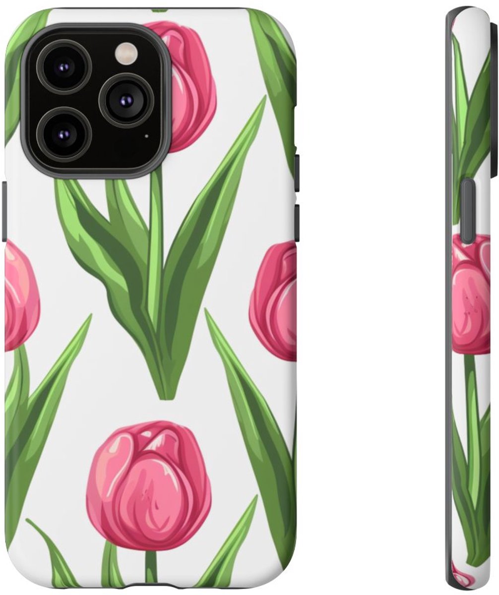 Roze Tulp Bloemenpatroon – Telefoonhoesje Geschikt voor iPhone 14 Pro Max