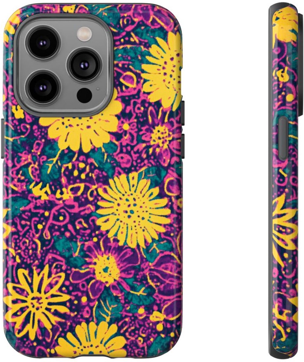 Gele en Paarse Bloemenprint – Telefoonhoesje Geschikt voor iPhone 14 Pro